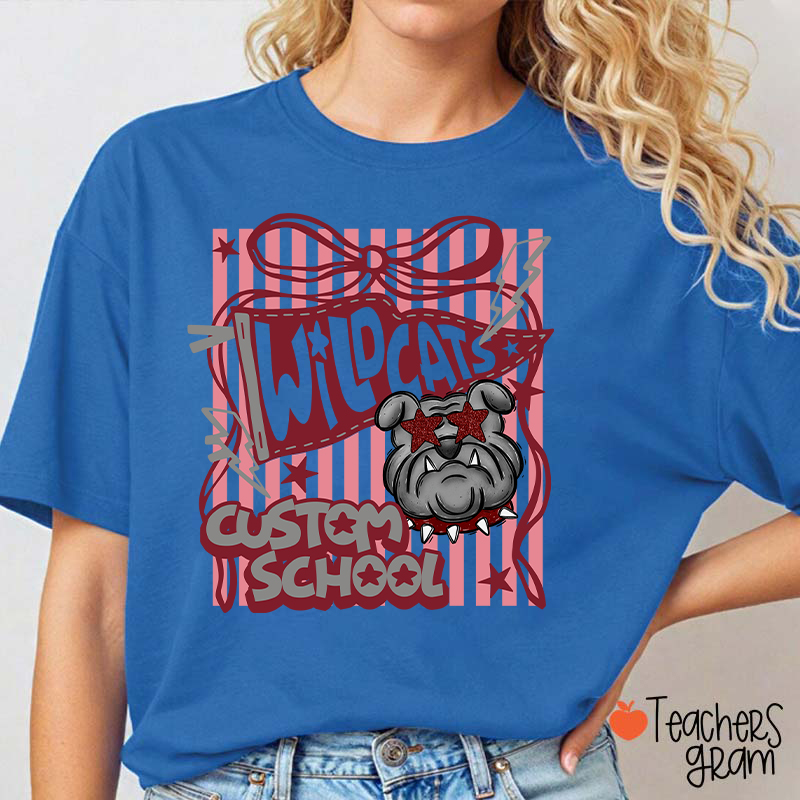 Personalized Mascot Coquette Bow Striped Teacher T-Shirt