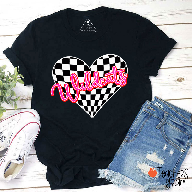 Personalized  Mascot Checkerboard Love Heart Teacher T-Shirt