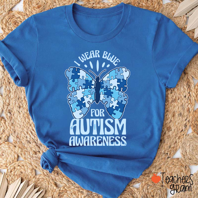 Butterfly Puzzle I Wear Blue For Autism Awareness Teacher T-Shirt