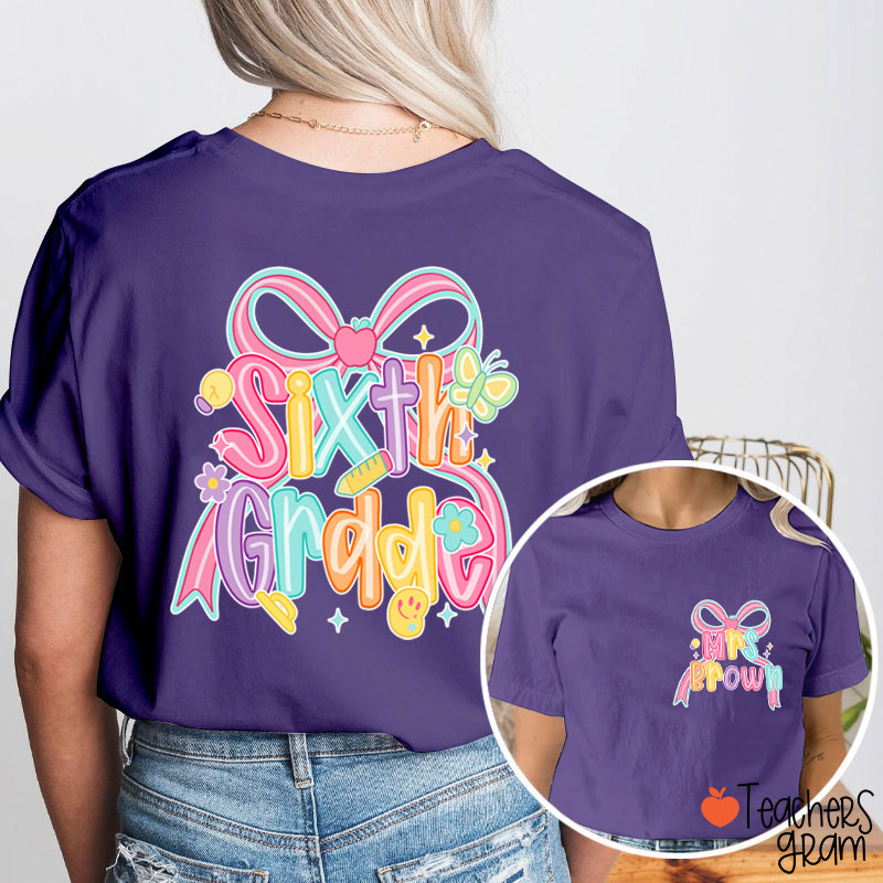 Personalized Name And Grade Pink Bow Teacher Two Sided T-Shirt