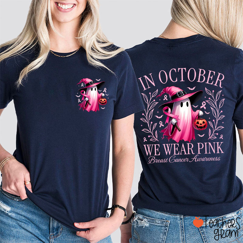 Halloween Beautifully Ghost Picture Breast Cancer Awareness Two Sided T-Shirt
