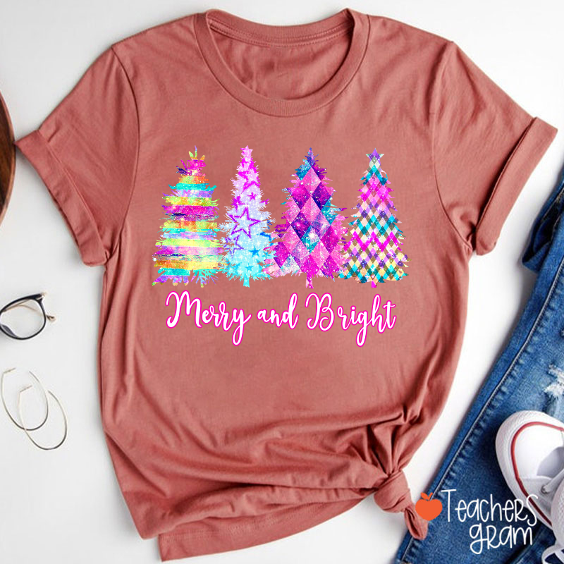 Merry And Bright Colorful Christmas Tree Teacher T-Shirt