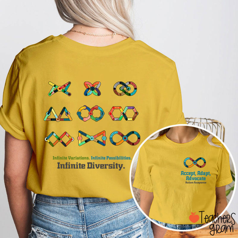 Accept Adapt Advocate Autism Acceptance Teacher Two Sided T-Shirt