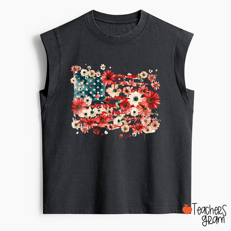 American Flag Floral Teacher Washed Tank Top