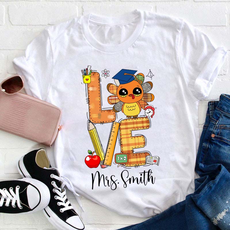 Personalized Name Thankful Cute Turkey Teacher T-Shirt