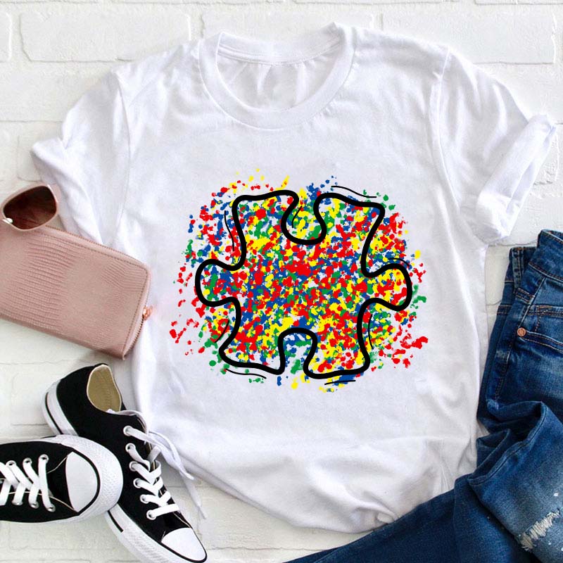 Colorful Autism Puzzle Piece Teacher T-Shirt
