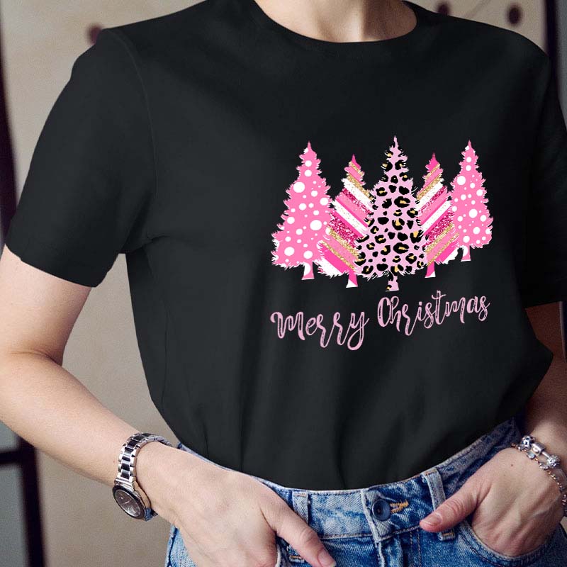 Merry Christmas Pink Christmas Trees Teacher T-Shirt