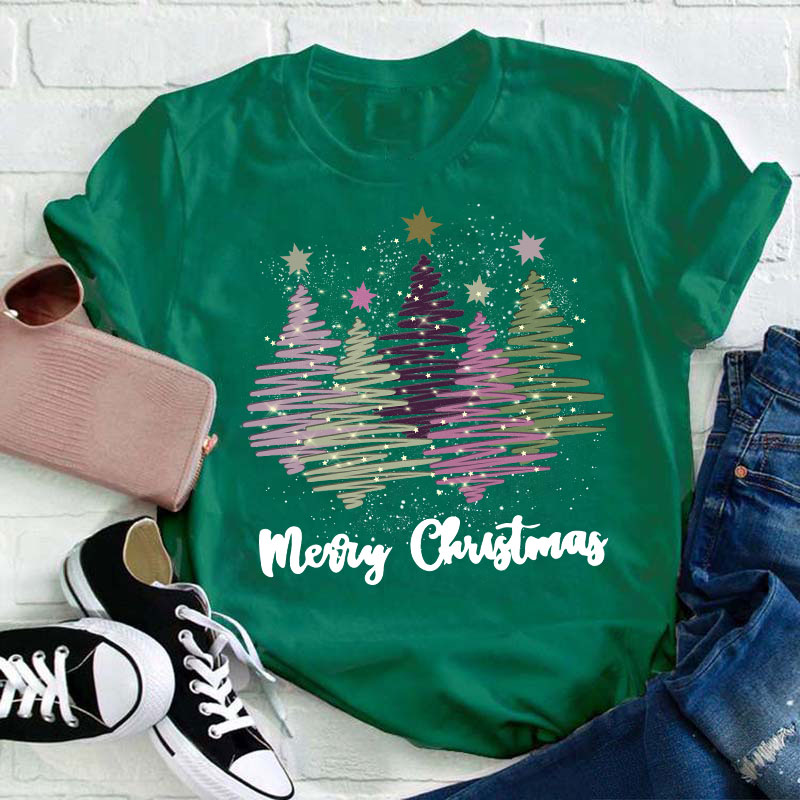 Merry Christmas Colorful Trees Teacher T-Shirt