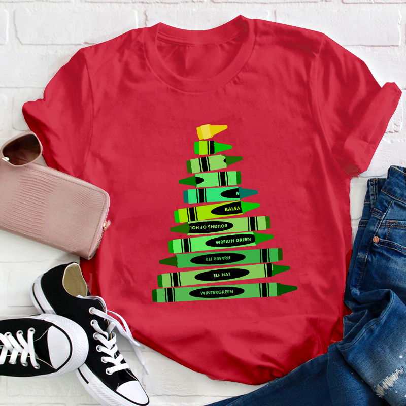 Green Crayon Christmas Tree Teacher T-Shirt