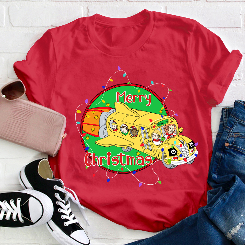 School Bus Merry Christmas Teacher T-Shirt