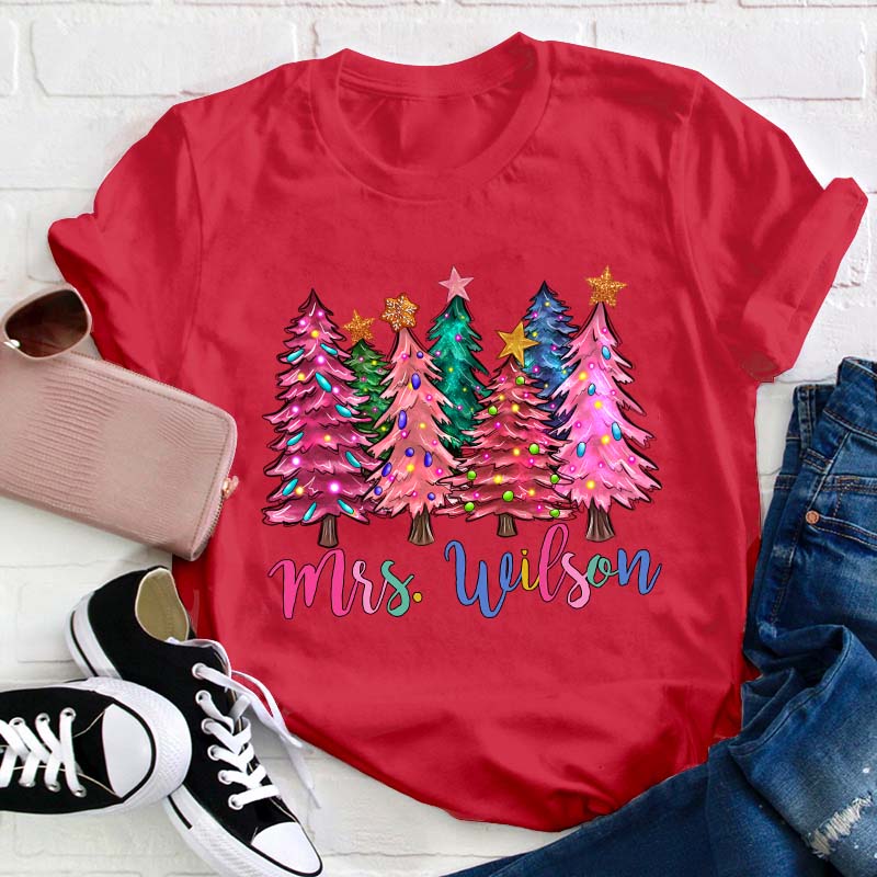 Personalized Name Colorful Christmas Trees Teacher T-Shirt