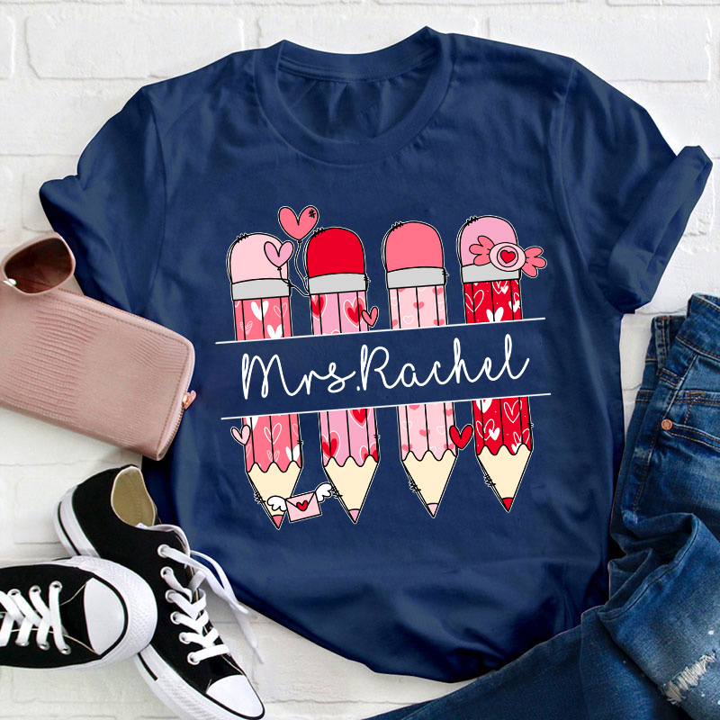 Personalized Pink Pencil Name Teacher T-Shirt