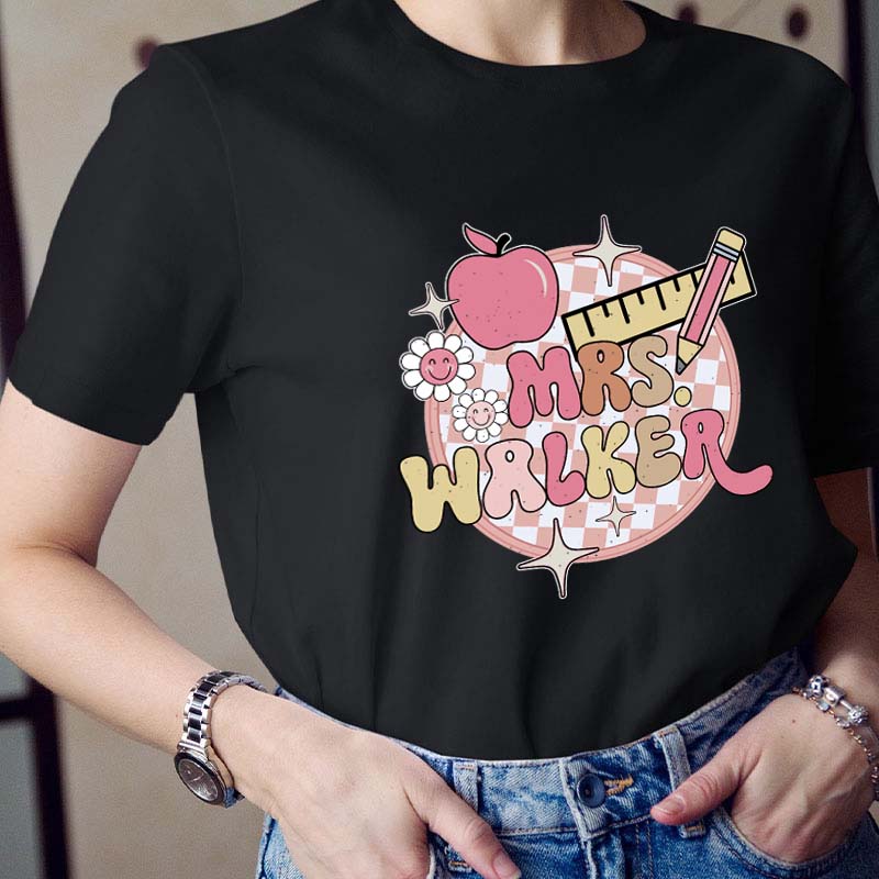 Personalized Pink Checkerboard Teacher T-Shirt
