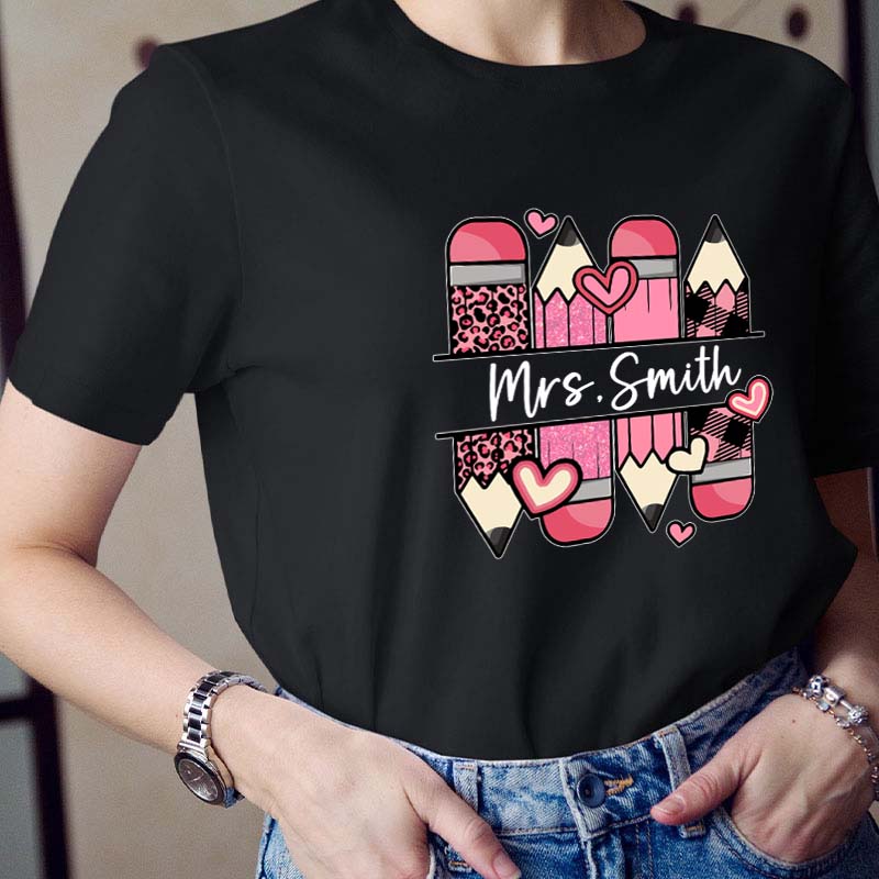 Personalized Name Pink Pencil Teacher T-Shirt