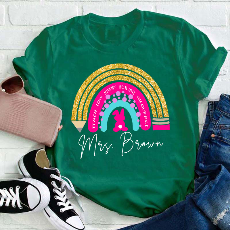 Personalized Name Easter Bunny Rainbow Teacher T-Shirt