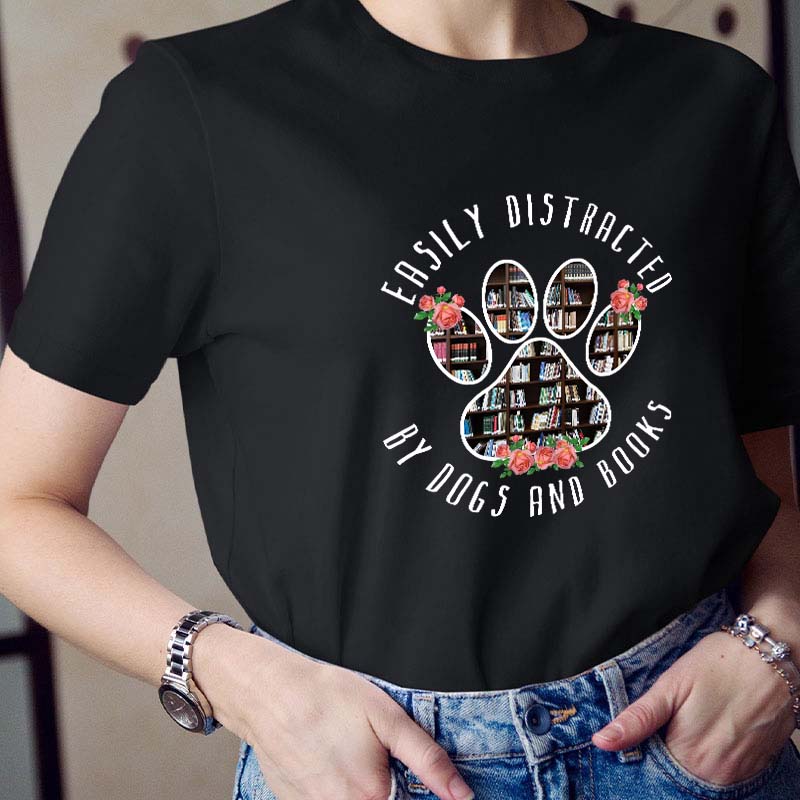 Easily Distracted By Dogs And Books Teacher T-Shirt