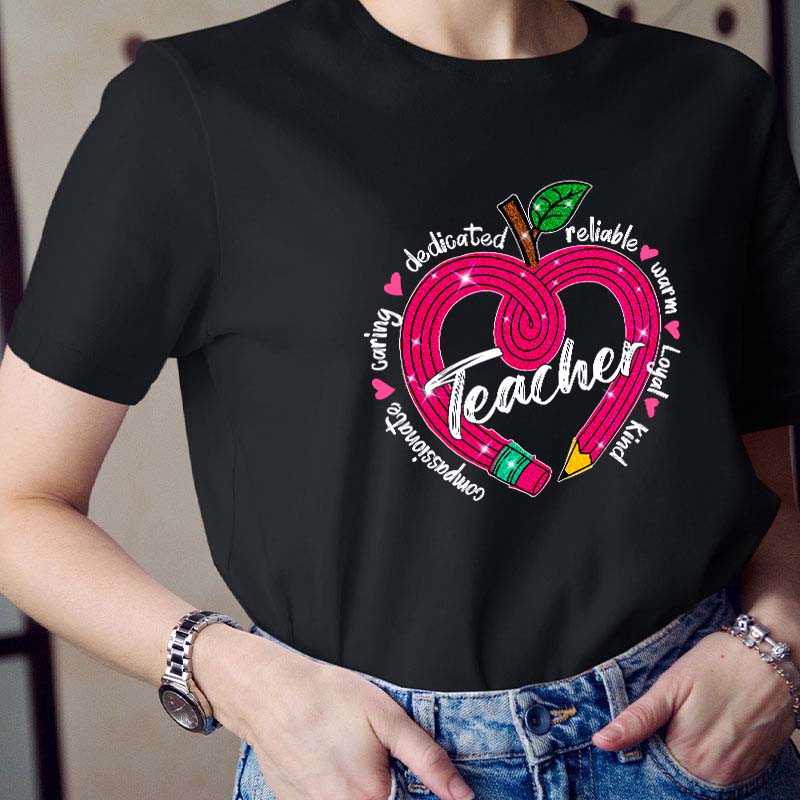Glitter Apple Pencil Heart Teacher T-Shirt