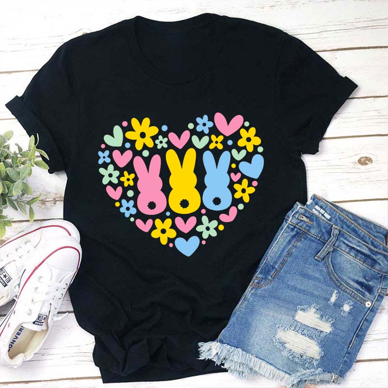 Floral Bunnies Heart Teacher T-Shirt Sale-Teachersgram