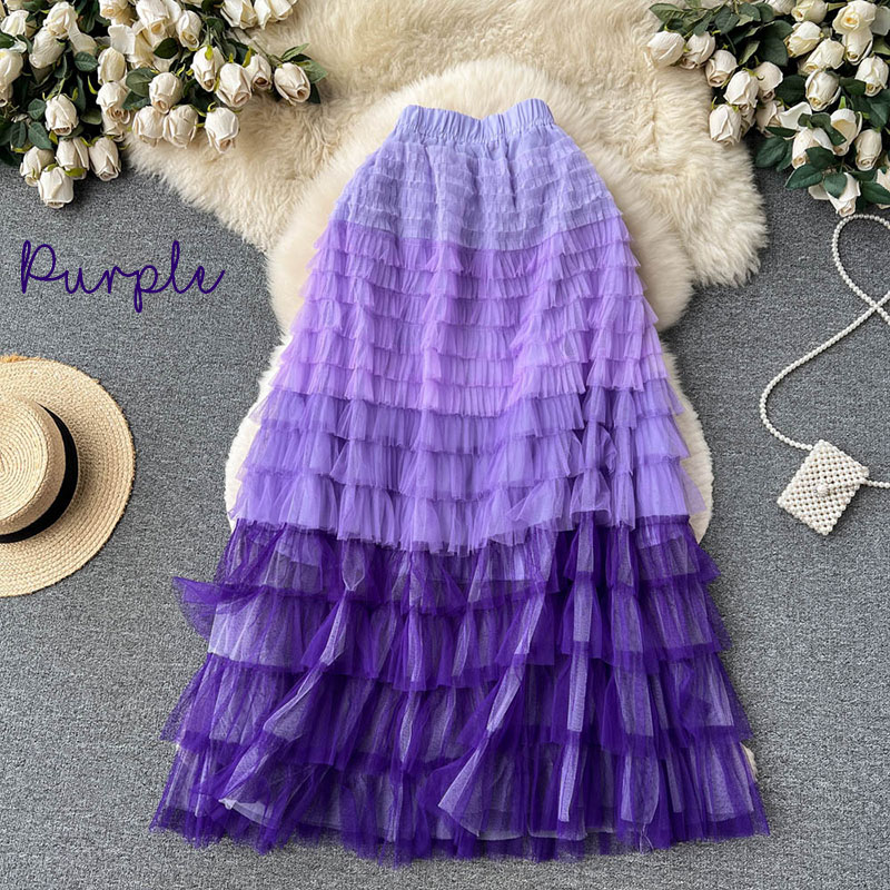 Gradient Color Irregular Mesh Long Cake Skirt Dress