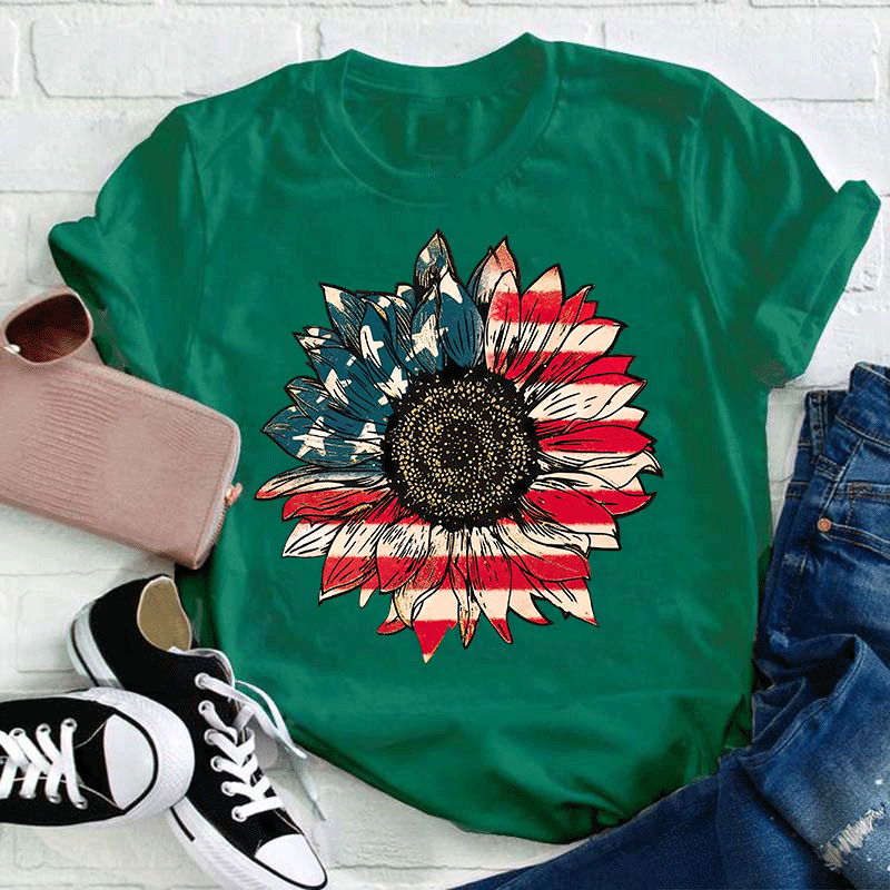 Vintage Flag Sunflower Teacher T-Shirt