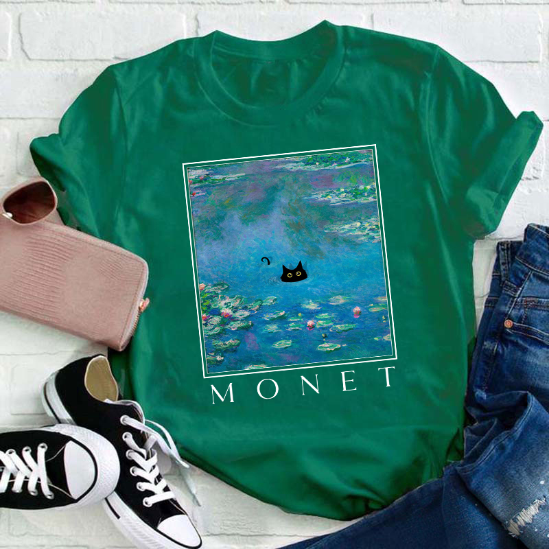 Monet Waterlily Cat Teacher T-Shirt
