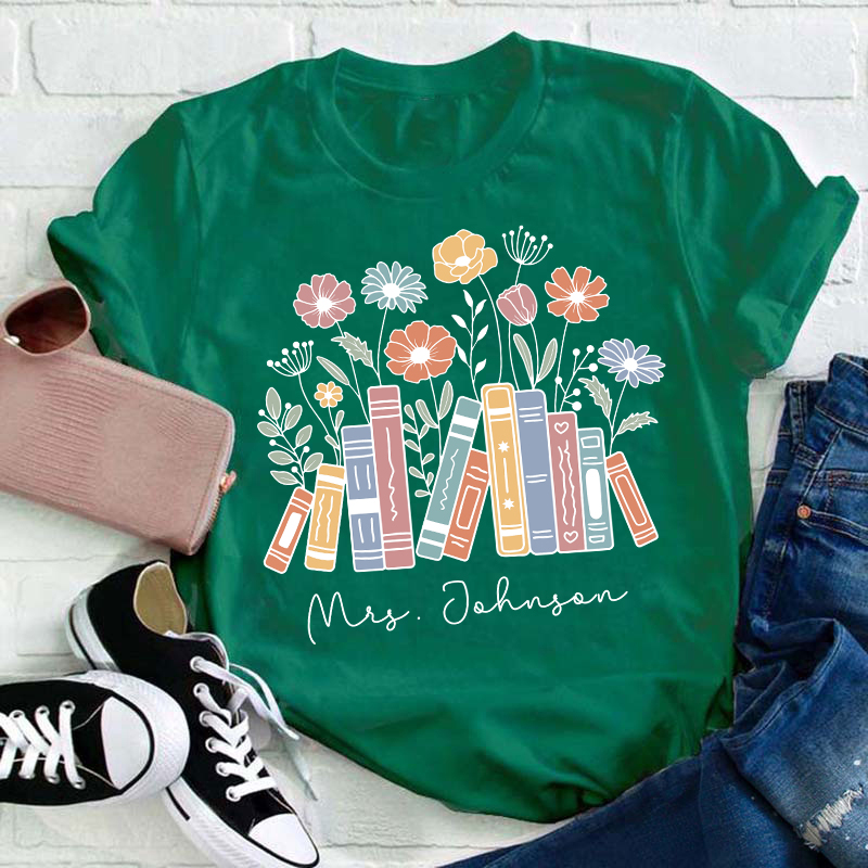 Personalized Flower Books Teacher T-Shirt