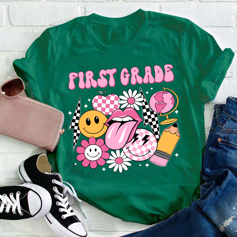 Personalized Pink Checkerboard And Smiley Face Grade Teacher T-Shirt