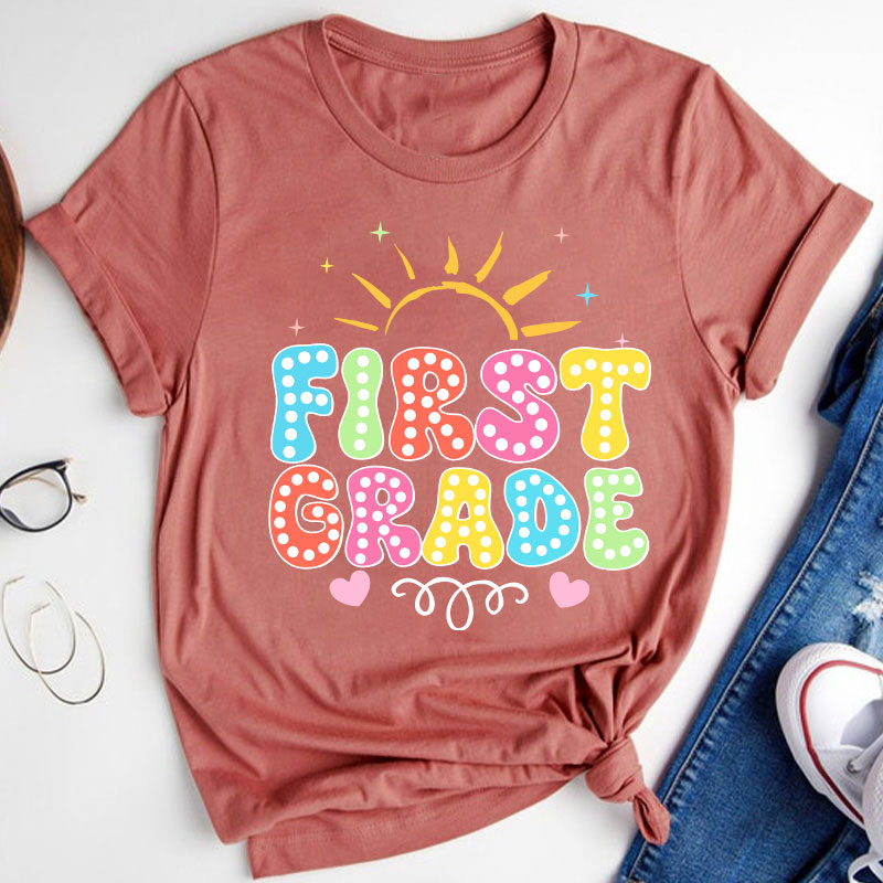 Personalized Neon Light And Sunshine Hello My Grade Teacher T-Shirt