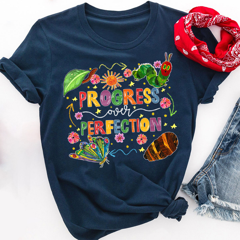 Caterpillar Progress Over Perfection Teacher T-Shirt