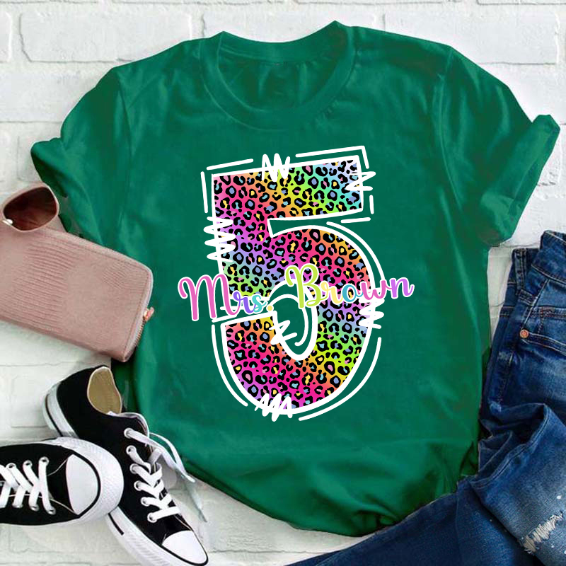 Personalized Colorful Leopard Grade And Name Teacher T-Shirt