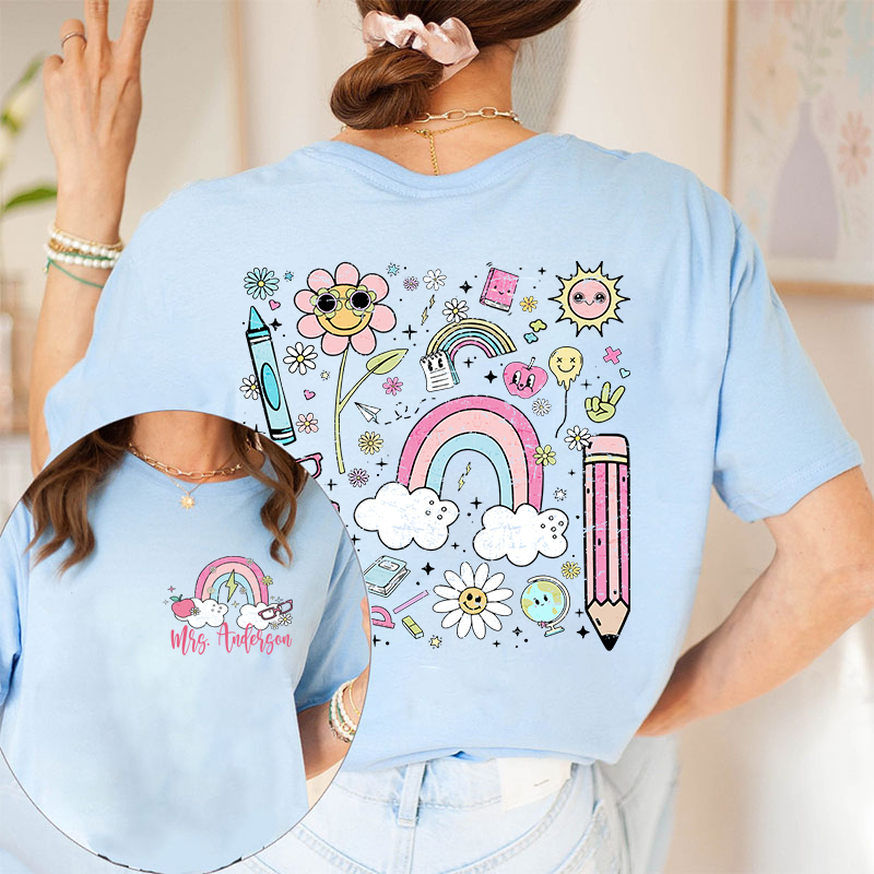 Personalized Pink Rainbow Cute Icon Teacher Two Sided T-Shirt