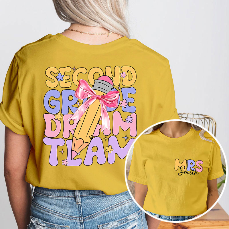 Personalized Teacher's Name And Grade Bow Pencil Print Teacher Two Sided T-Shirt