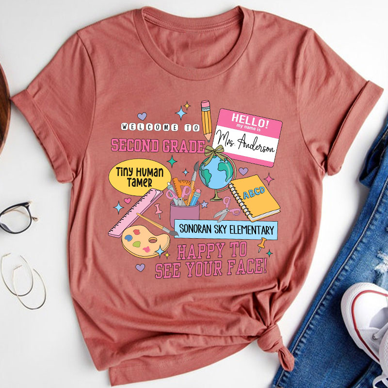 Personalized Teacher's Name School Name And Grade School Supplies Icon Teacher T-Shirt