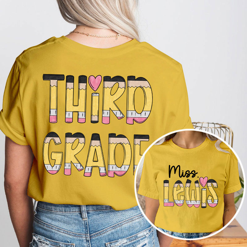 Personalized Teacher's Name And Grade Cartoon Pencil Font Design Teacher Two Sided T-Shirt