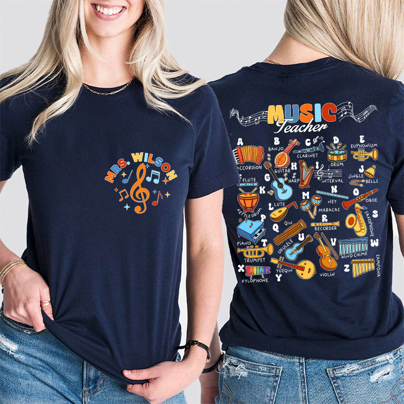 Personalized Music Teacher's Name Musical Instrument Icons Teacher Two Sided T-Shirt