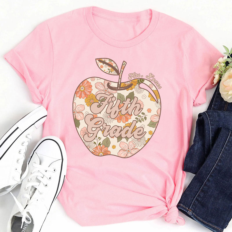 Personalized Vintage Floral Print Apple Teacher T-Shirt
