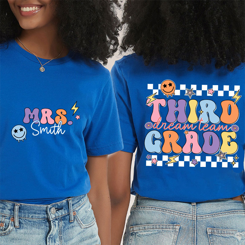 Personalized Teacher's Name And Grade Smiley Face Print Teacher Two Sided T-Shirt