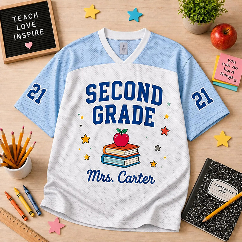 Personalized Grade Teacher Name And Number Apple Book Teacher Mesh Jersey