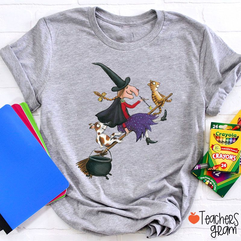 Witch Dog Cat Dark Gothic Halloween Teacher T-Shirt