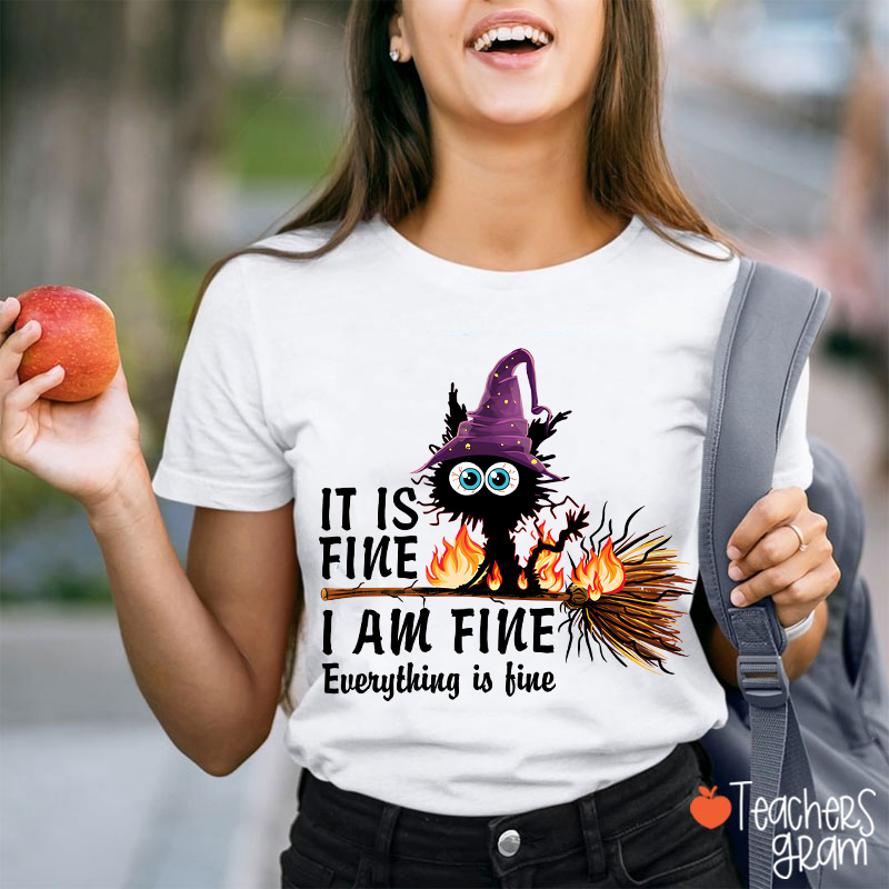 It Is Fine I Am Fine Everything Is Fine Halloween Broom Cat Teacher T-Shirt