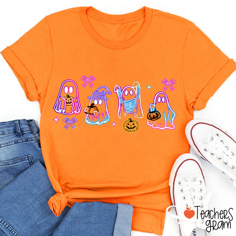 Colorful Neon Ghost Pumpkin Teacher T-Shirt