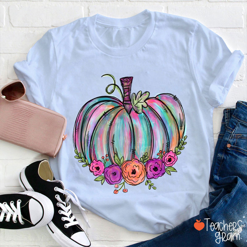 Colorful Pumpkin Watercolor Pumpkin Teacher T-Shirt