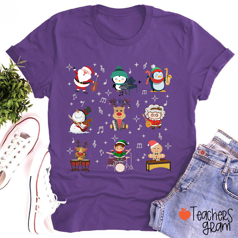 Cute Christmas Cartoons Playing Musical Instruments TeacherT-Shirt