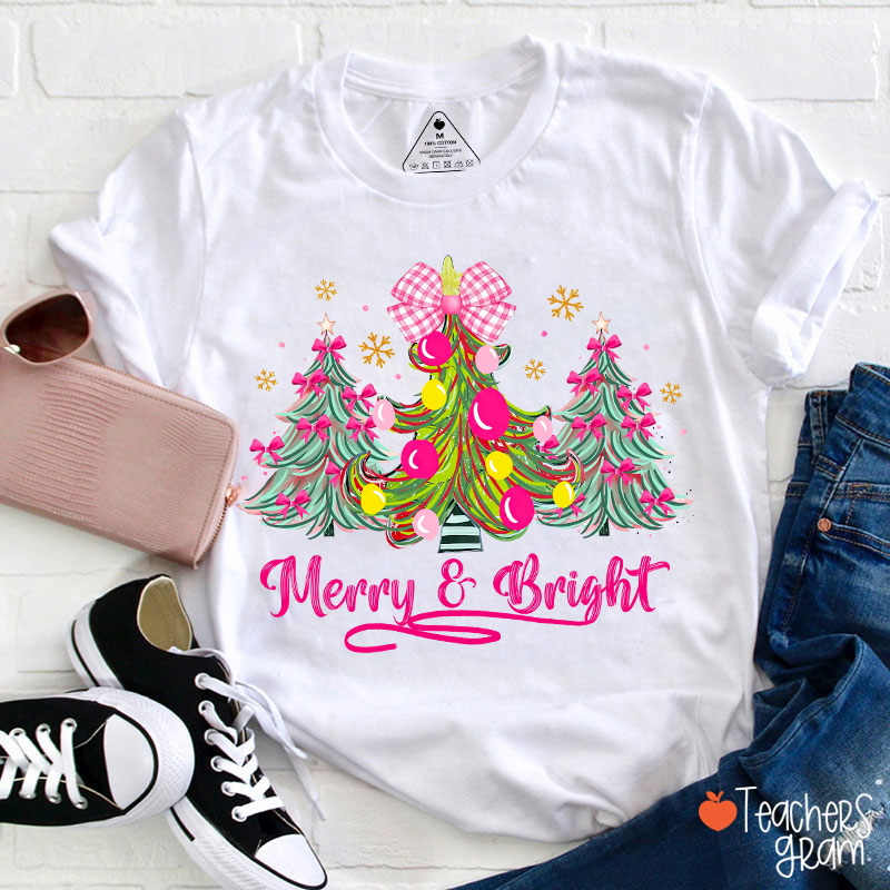 Fantasy Bow Christmas Tree Merry And Bright Christmas Teacher T-Shirt