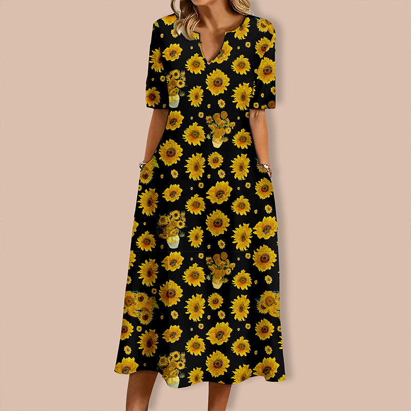 Art Sunflower Teacher V-Neck Long Dress