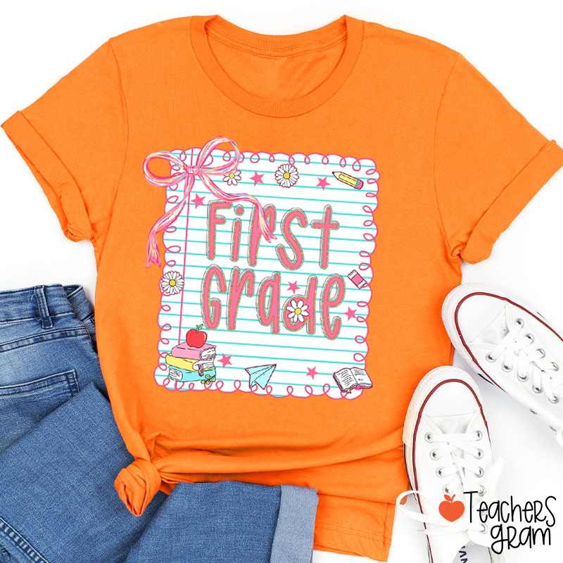 Personalized Grade Pink Bow Notebook Teacher T-Shirt