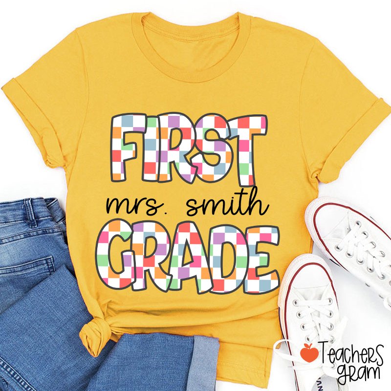 Personalized Name And Grade Checkered Fonts Teacher T-Shirt