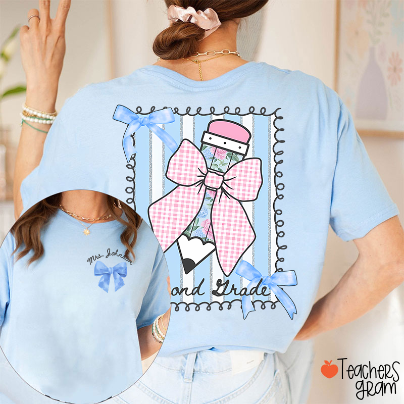Personalized Grade And Name Flower Pencil Checkered Bow Teacher Two Sided T-Shirt