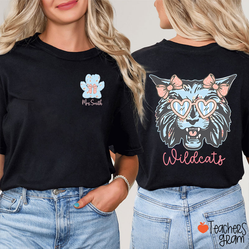 Personalized Mascot And Name Cute Coquette Bow Teacher Two Sided T-Shirt