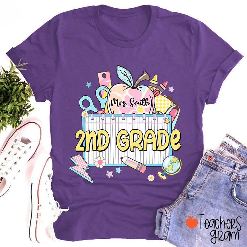 Personalized Grade And Name Apple Notebook Teacher T-Shirt